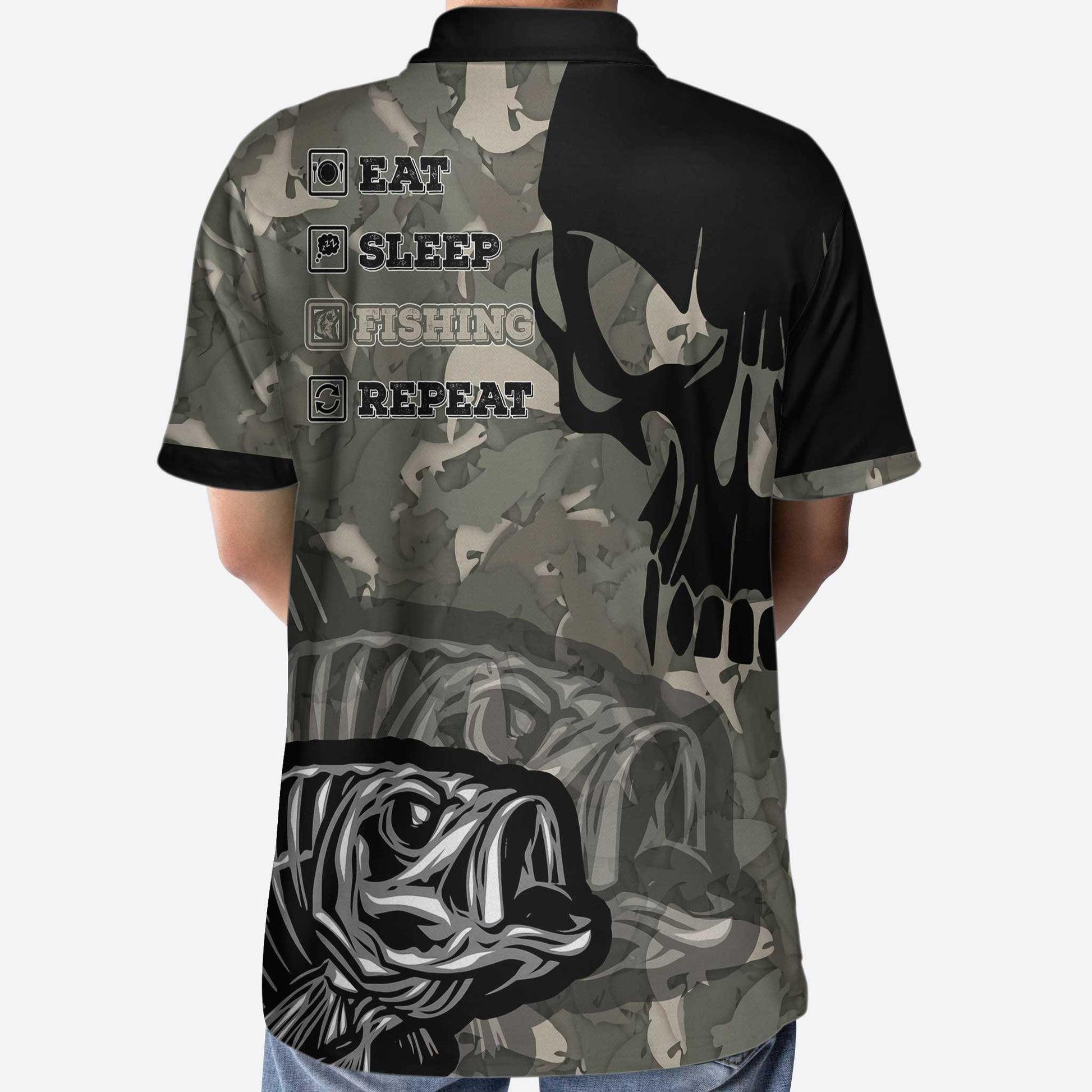 Fish Reaper Men Polo Shirt, Eat Sleep Fishing Repeat Skull Camouflage Polo Shirt, Camo Fishing Shirt For Men - Amzanimalsgift