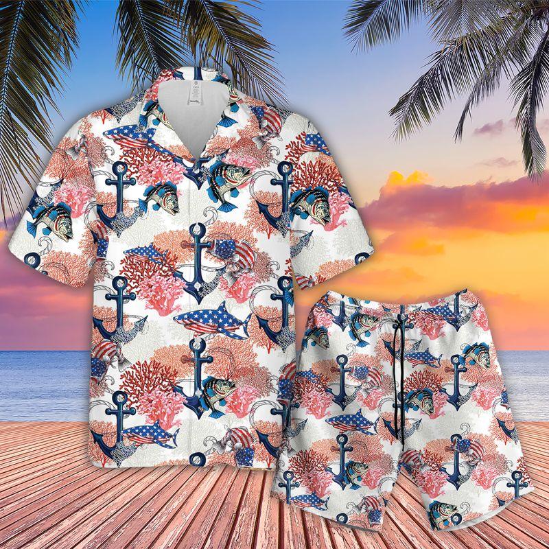 Fishing Aloha Hawaiian Shirts For Summer, Fish USA Flag Bass Fishing Style American Patriot Hawaiian Set Outfits For Men Women, Gift For Friend - Amzanimalsgift