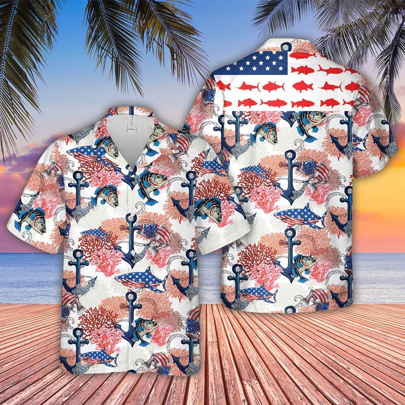 Fishing Aloha Hawaiian Shirts For Summer, Fish USA Flag Bass Fishing Style American Patriot Hawaiian Set Outfits For Men Women, Gift For Friend - Amzanimalsgift