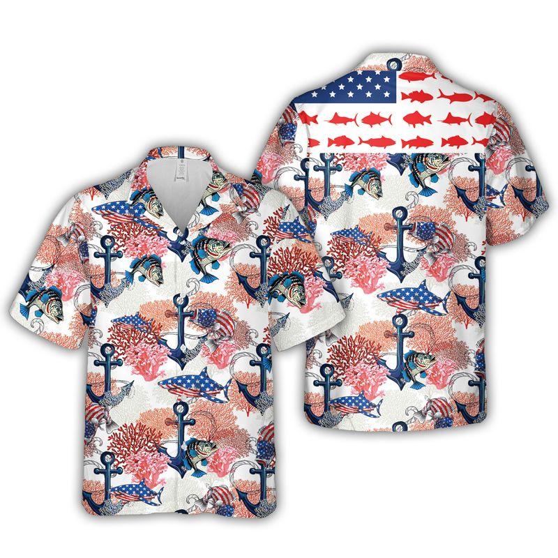 Fishing Aloha Hawaiian Shirts For Summer, Fish USA Flag Bass Fishing Style American Patriot Hawaiian Set Outfits For Men Women, Gift For Friend - Amzanimalsgift