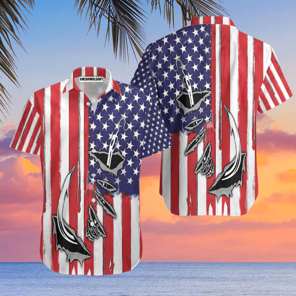 Fishing Fish Hook American Flag Aloha Hawaiian Shirts For Men Women, 4th July Gift For Summer, Friend, Family, Independence Day, Fishing Lovers - Amzanimalsgift