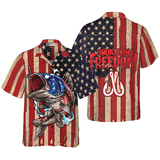 Fishing Hooked On Freedom American Flag Aloha Hawaiian Shirt For Summer, Colorful Cool Hawaiian Shirts Outfit For Men Women, Friend, Team - Amzanimalsgift
