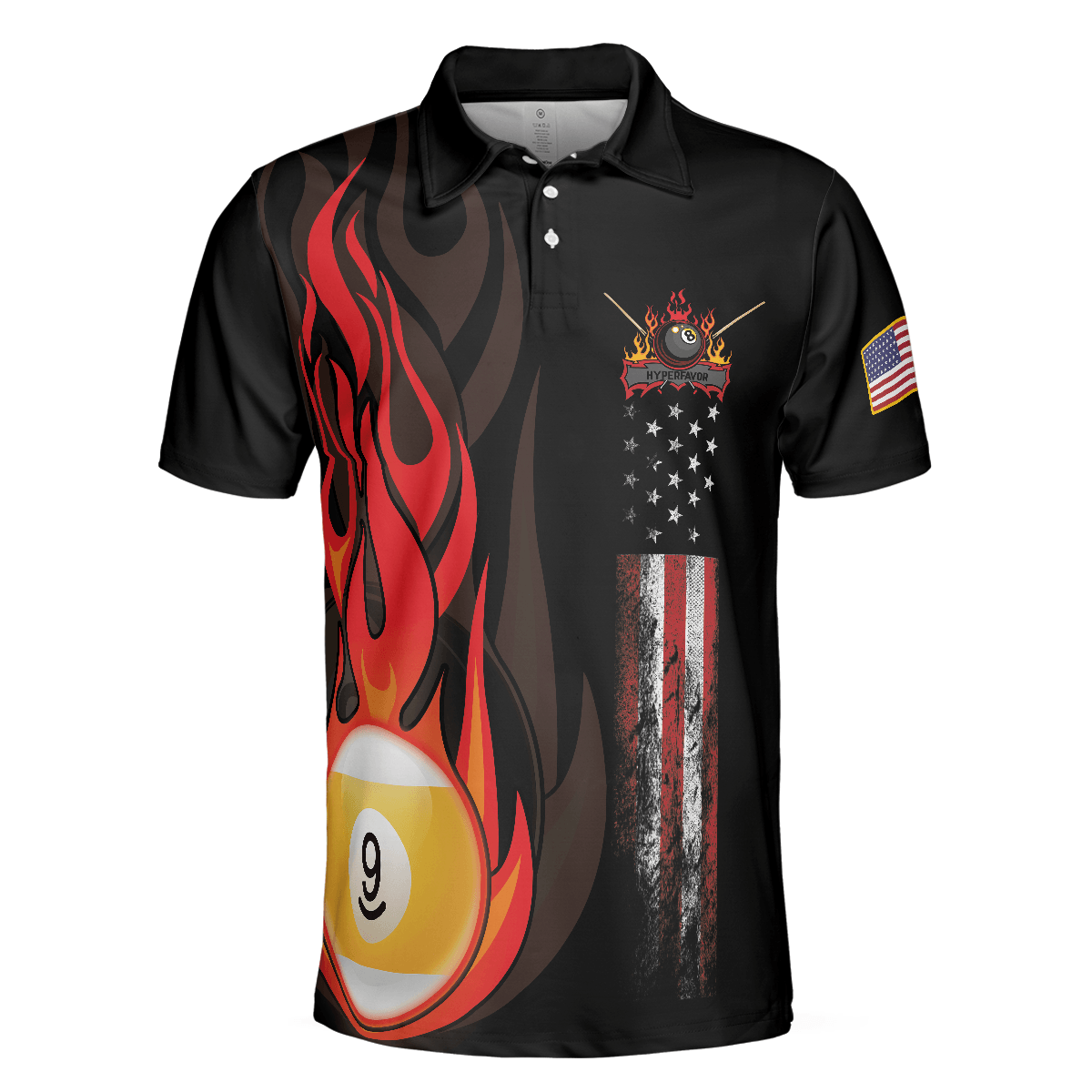 Flame 9 Ball Billiards Pool Men Polo Shirt, American Flag Billiards Shirt For Men, Gift For Pool Players - Amzanimalsgift