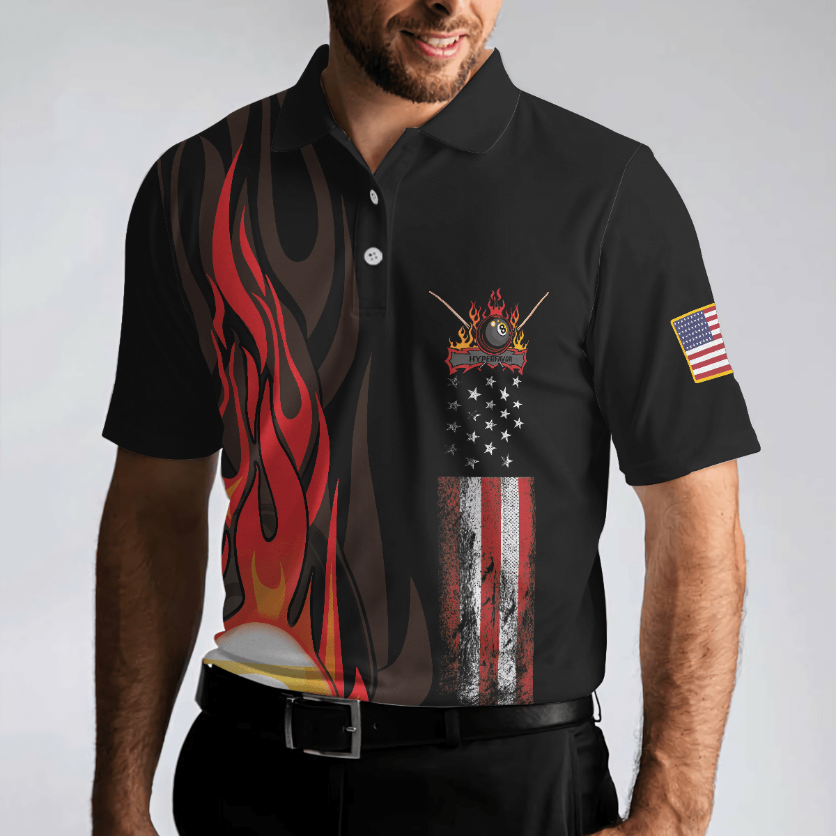 Flame 9 Ball Billiards Pool Men Polo Shirt, American Flag Billiards Shirt For Men, Gift For Pool Players - Amzanimalsgift