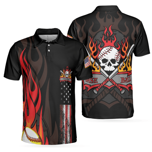 Flame Baseball Skull Men Polo Shirt, Baseball American Flag Polo Shirt, Best Baseball Shirt For Men, Gift For Baseball Lovers - Amzanimalsgift