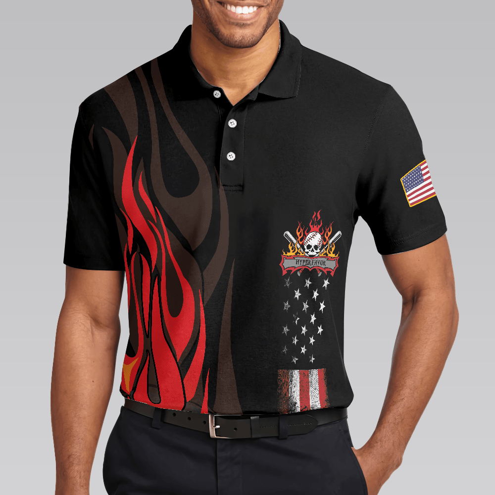 Flame Baseball Skull Men Polo Shirt, Baseball American Flag Polo Shirt, Best Baseball Shirt For Men, Gift For Baseball Lovers - Amzanimalsgift