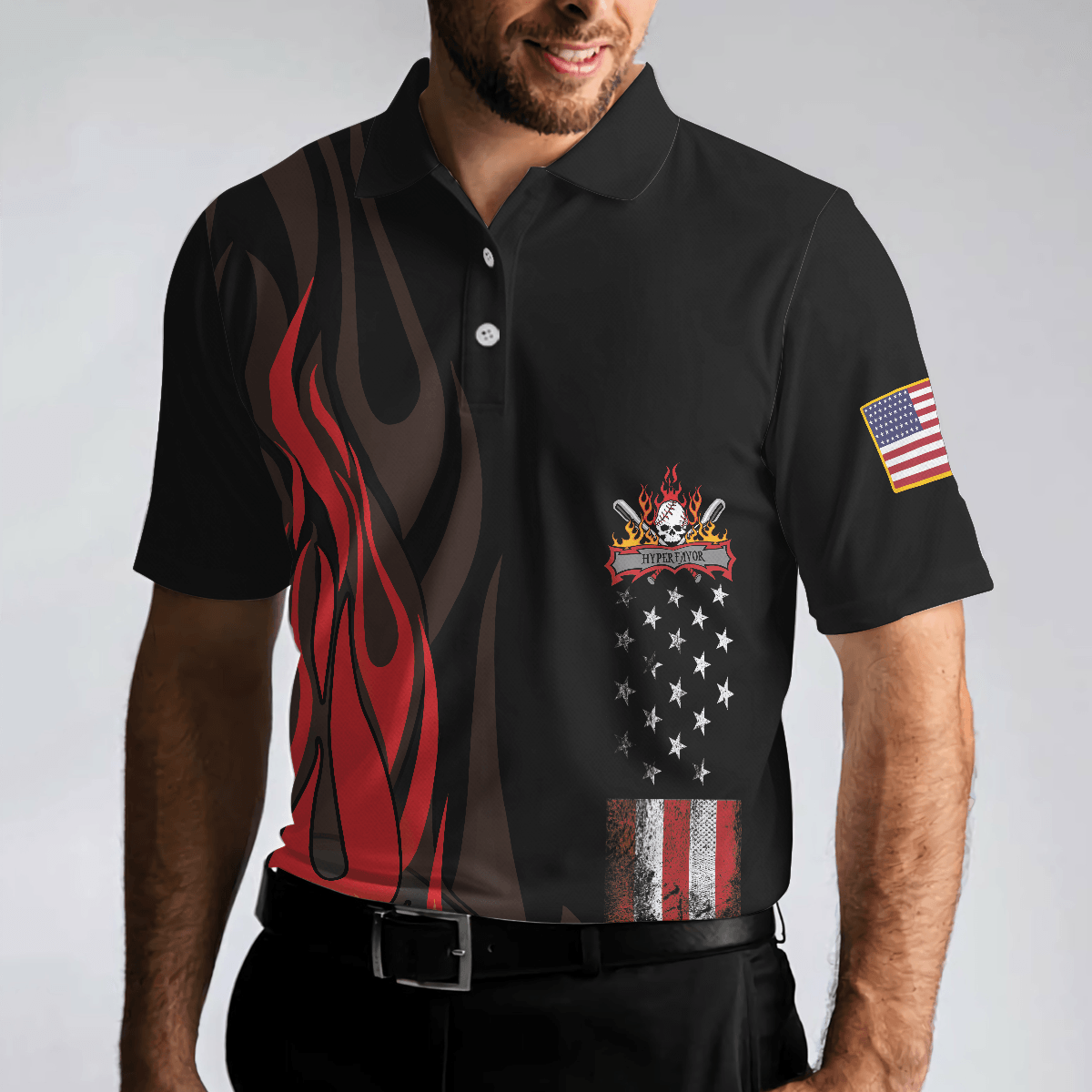 Flame Baseball Skull Men Polo Shirt, Baseball American Flag Polo Shirt, Best Baseball Shirt For Men, Gift For Baseball Lovers - Amzanimalsgift