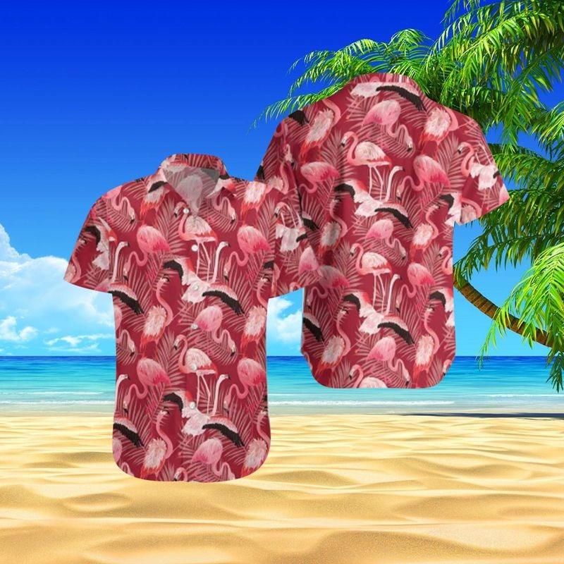 Flamingo Aloha Hawaiian Shirt - Flamingo Pattern Hawaiian Shirt, Red Background Tropical Leaf Hawaiian Shirt For Men & Women, Flamingo Lover - Amzanimalsgift