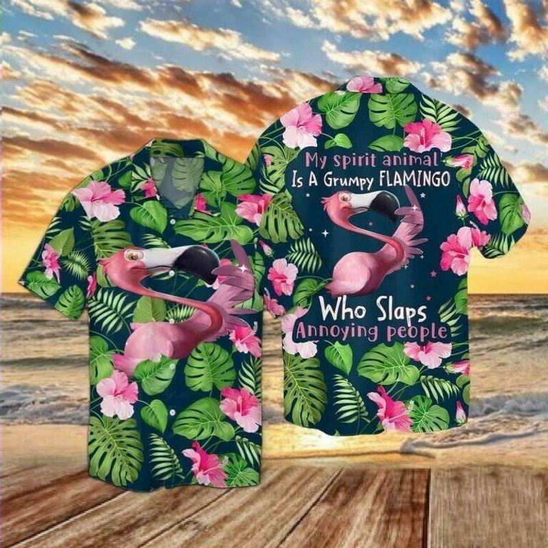 Flamingo Aloha Hawaiian Shirt - My Spirit Animal Is A Grumpy Flamingo Who Slaps Annoying People Hawaiian Shirt For Men & Women, Flamingo Lover - Amzanimalsgift