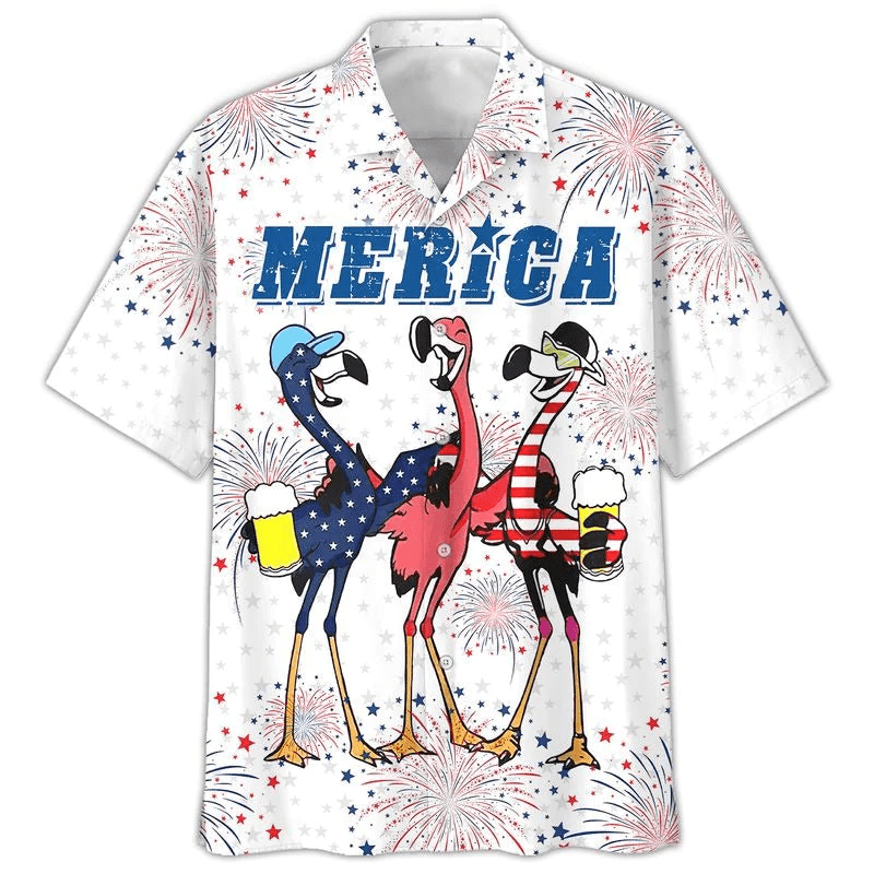 Flamingo Aloha Hawaiian Shirts For Summer, Flamingo Drinking Beer In USA Flag Happy Independence Day Aloha Hawaiian Shirt For Men Women, 4th Of July - Amzanimalsgift