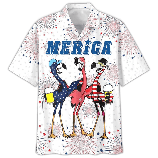 Flamingo Aloha Hawaiian Shirts For Summer, Flamingo Drinking Beer In USA Flag Happy Independence Day Aloha Hawaiian Shirt For Men Women, 4th Of July - Amzanimalsgift