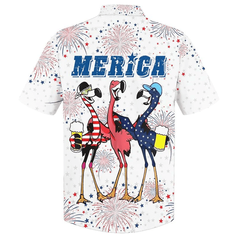 Flamingo Aloha Hawaiian Shirts For Summer, Flamingo Drinking Beer In USA Flag Happy Independence Day Aloha Hawaiian Shirt For Men Women, 4th Of July - Amzanimalsgift