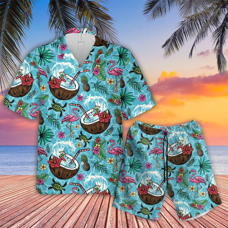 Flamingo Aloha Hawaiian Shirts For Summer, Flower Leaves Pattern Coconut Cocktail Hawaiian Set Outfit For Men Women, Gift For Friend, Team, Family - Amzanimalsgift