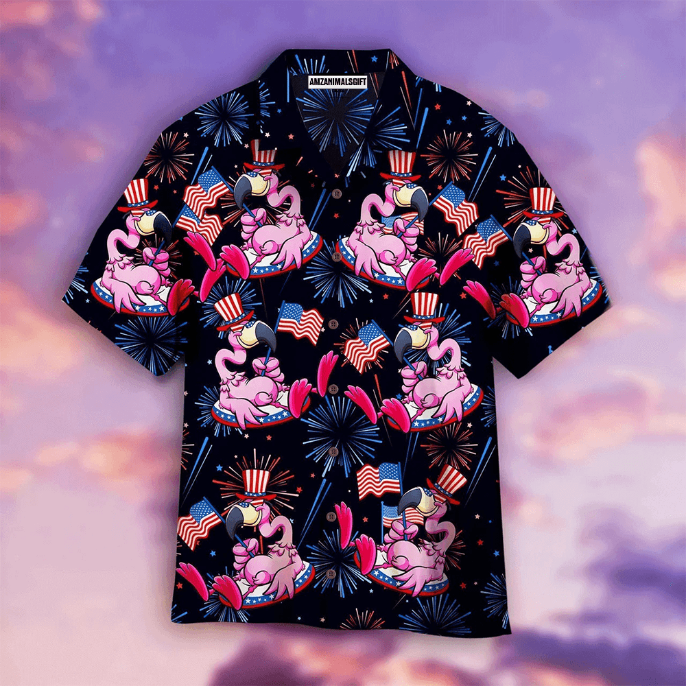 Flamingo American Flag Firework Pattern Aloha Hawaiian Shirts For Men Women, 4th Of July Gift For Summer, Friend, Family, Independence Day - Amzanimalsgift