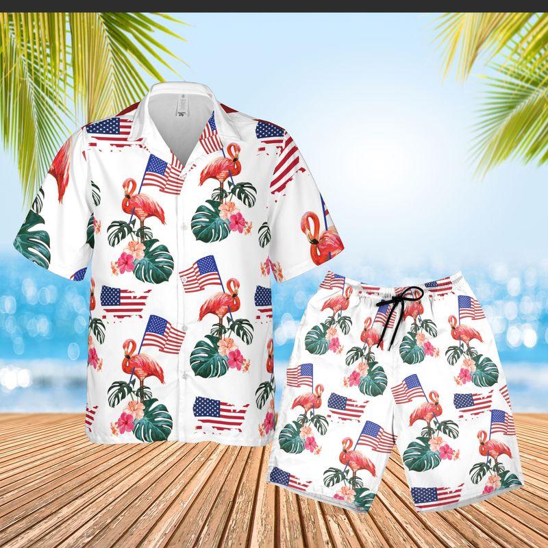 Flamingo American Flag Independence Day Aloha Hawaiian Shirts For Summer, Tropical Style Patriot Hawaiian Set Outfits For Men Women, Gift For Friend - Amzanimalsgift