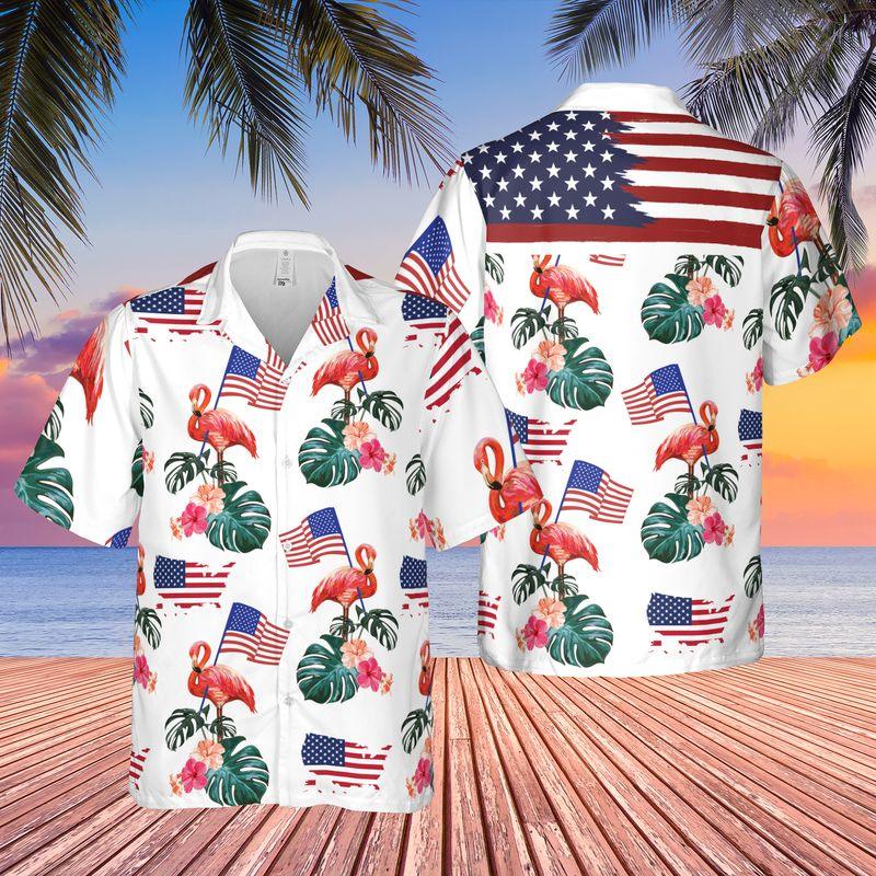 Flamingo American Flag Independence Day Aloha Hawaiian Shirts For Summer, Tropical Style Patriot Hawaiian Set Outfits For Men Women, Gift For Friend - Amzanimalsgift