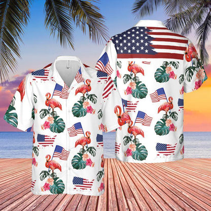 Flamingo American Flag Independence Day Aloha Hawaiian Shirts For Summer, Tropical Style Patriot Hawaiian Set Outfits For Men Women, Gift For Friend - Amzanimalsgift
