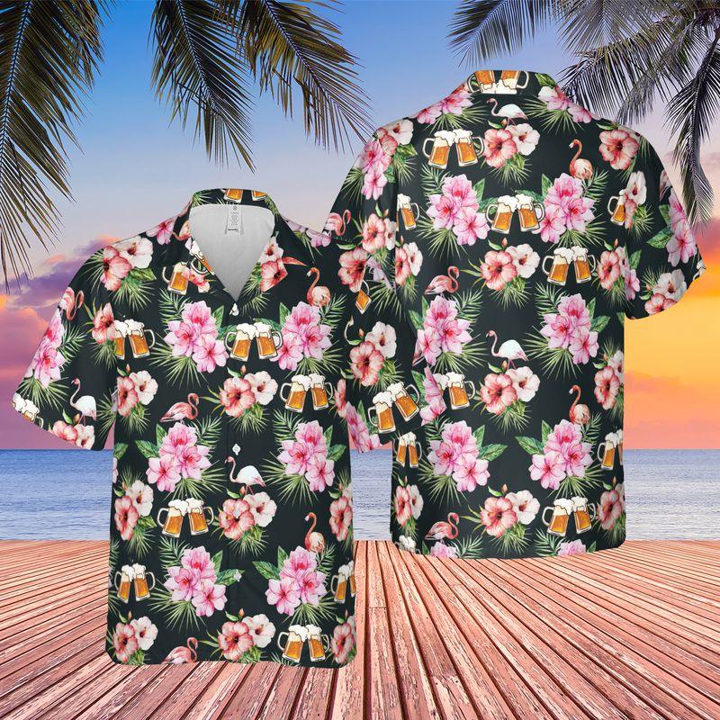 Flamingo And Beer Aloha Hawaiian Shirts For Summer, Tropical Hawaiian Shirt For Men Women, Beachwear Gift For Flamingo And Beer Lovers, Friend, Family - Amzanimalsgift