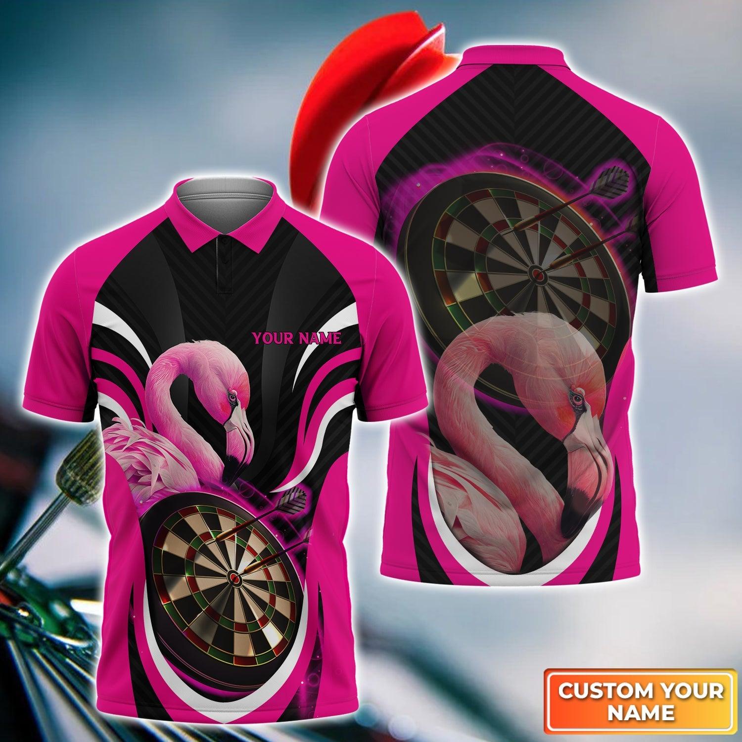 Flamingo And Darts Custom Name Men Polo Shirt, Pink Bullseye Dartboard Personalized Men Polo Shirt Gift For Darts Lovers, Friend, Team Player - Amzanimalsgift