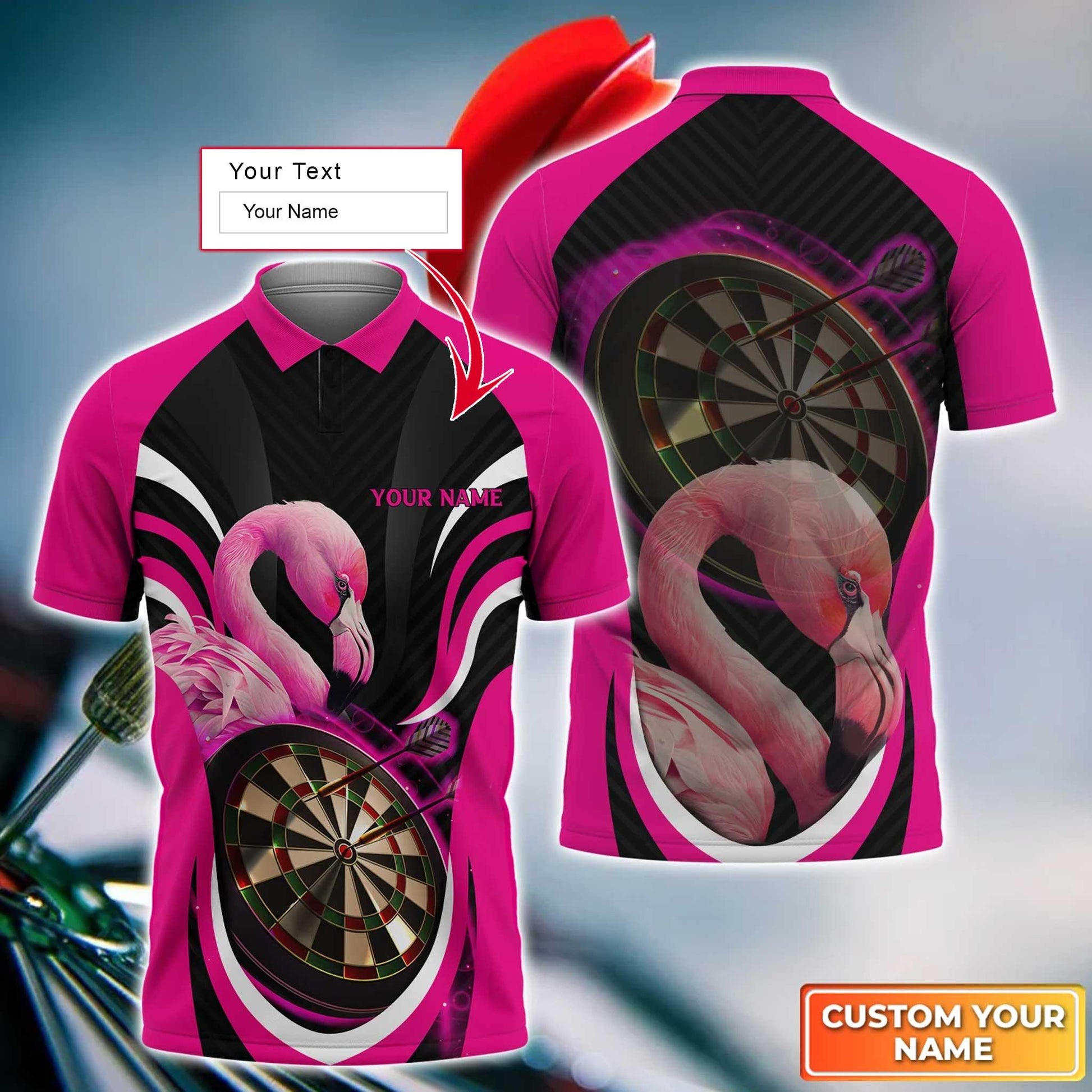 Flamingo And Darts Custom Name Men Polo Shirt, Pink Bullseye Dartboard Personalized Men Polo Shirt Gift For Darts Lovers, Friend, Team Player - Amzanimalsgift