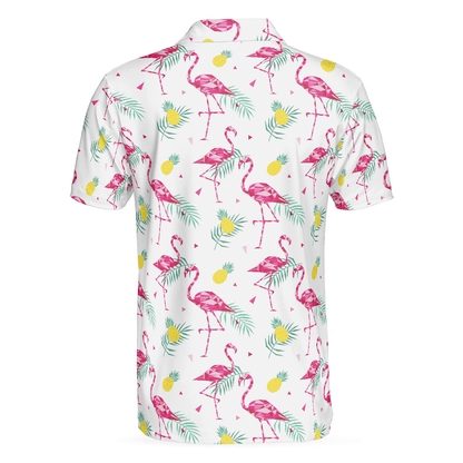 Flamingo And Tropical Pattern Men Polo Shirt, White Flamingo Themed Polo Shirt, Tropical Flamingo Shirt Design - Amzanimalsgift