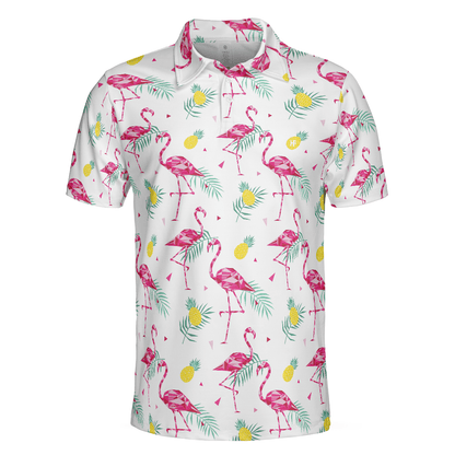 Flamingo And Tropical Pattern Men Polo Shirt, White Flamingo Themed Polo Shirt, Tropical Flamingo Shirt Design - Amzanimalsgift