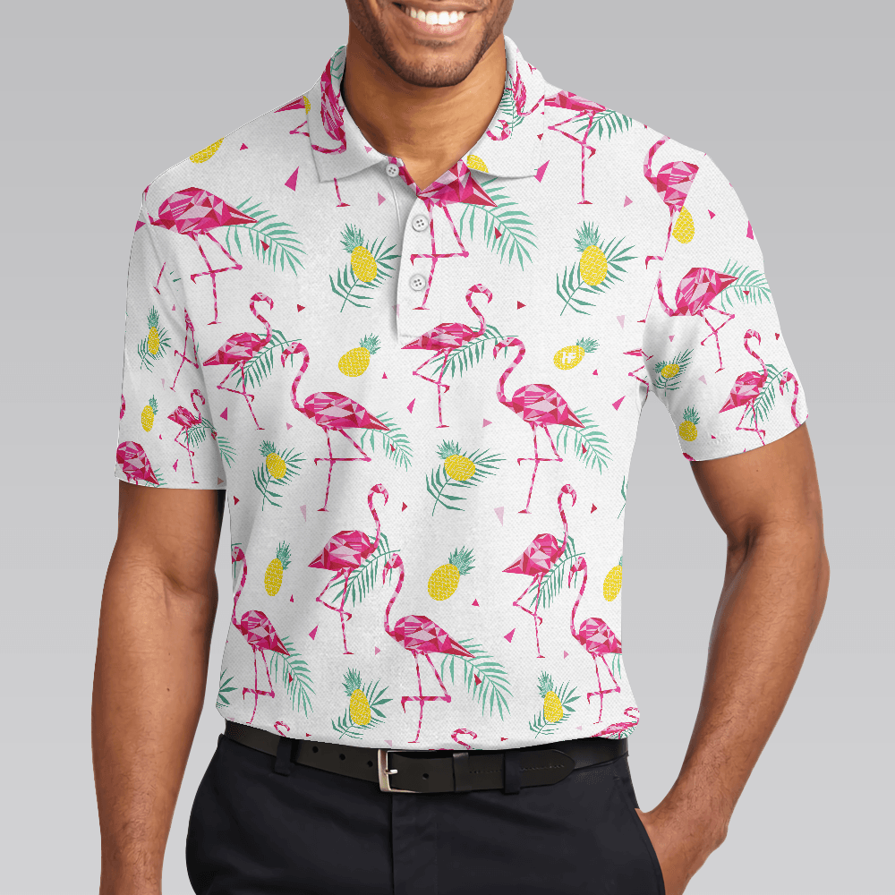 Flamingo And Tropical Pattern Men Polo Shirt, White Flamingo Themed Polo Shirt, Tropical Flamingo Shirt Design - Amzanimalsgift