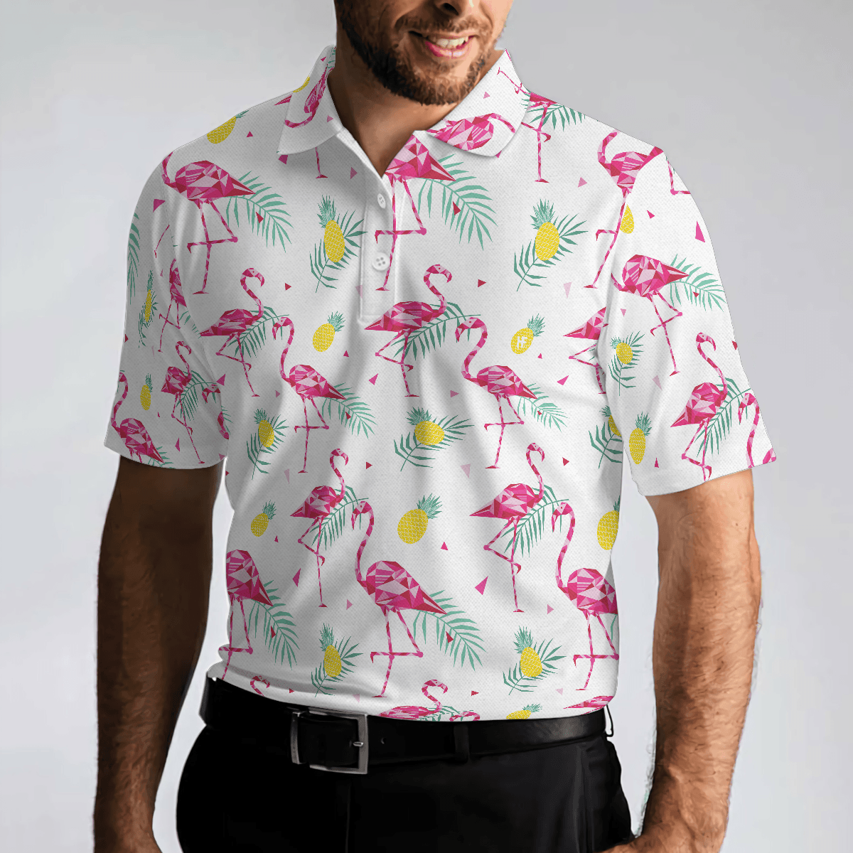 Flamingo And Tropical Pattern Men Polo Shirt, White Flamingo Themed Polo Shirt, Tropical Flamingo Shirt Design - Amzanimalsgift