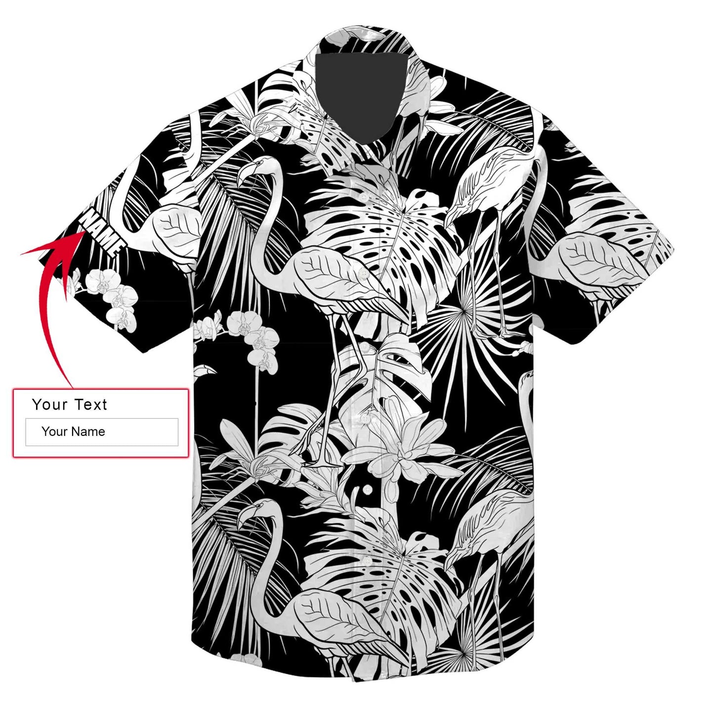 Flamingo Custom Name Aloha Hawaiian Shirt For Summer, Black And White Tropical Plants Personalized Hawaiian Shirts Outfit For Men Women - Amzanimalsgift