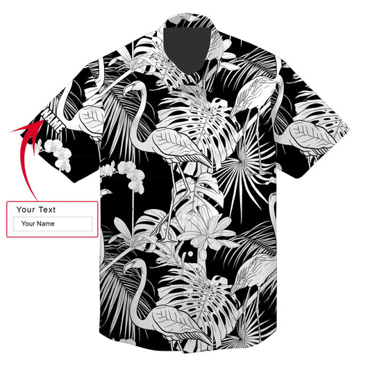 Flamingo Custom Name Aloha Hawaiian Shirt For Summer, Black And White Tropical Plants Personalized Hawaiian Shirts Outfit For Men Women - Amzanimalsgift