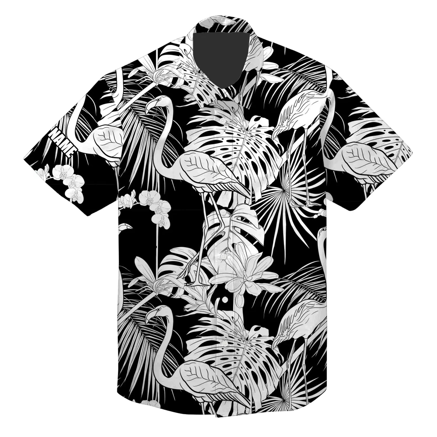 Flamingo Custom Name Aloha Hawaiian Shirt For Summer, Black And White Tropical Plants Personalized Hawaiian Shirts Outfit For Men Women - Amzanimalsgift