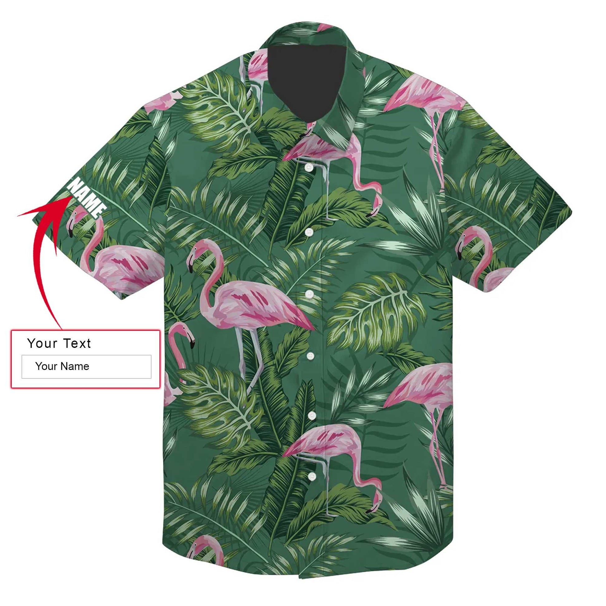 Flamingo Custom Name Aloha Hawaiian Shirt For Summer, Green Tropical Plants Palm Leaves Monstera Personalized Hawaiian Shirts Outfit For Men Women - Amzanimalsgift