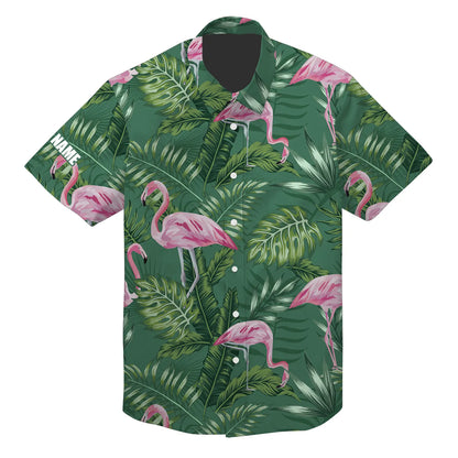 Flamingo Custom Name Aloha Hawaiian Shirt For Summer, Green Tropical Plants Palm Leaves Monstera Personalized Hawaiian Shirts Outfit For Men Women - Amzanimalsgift