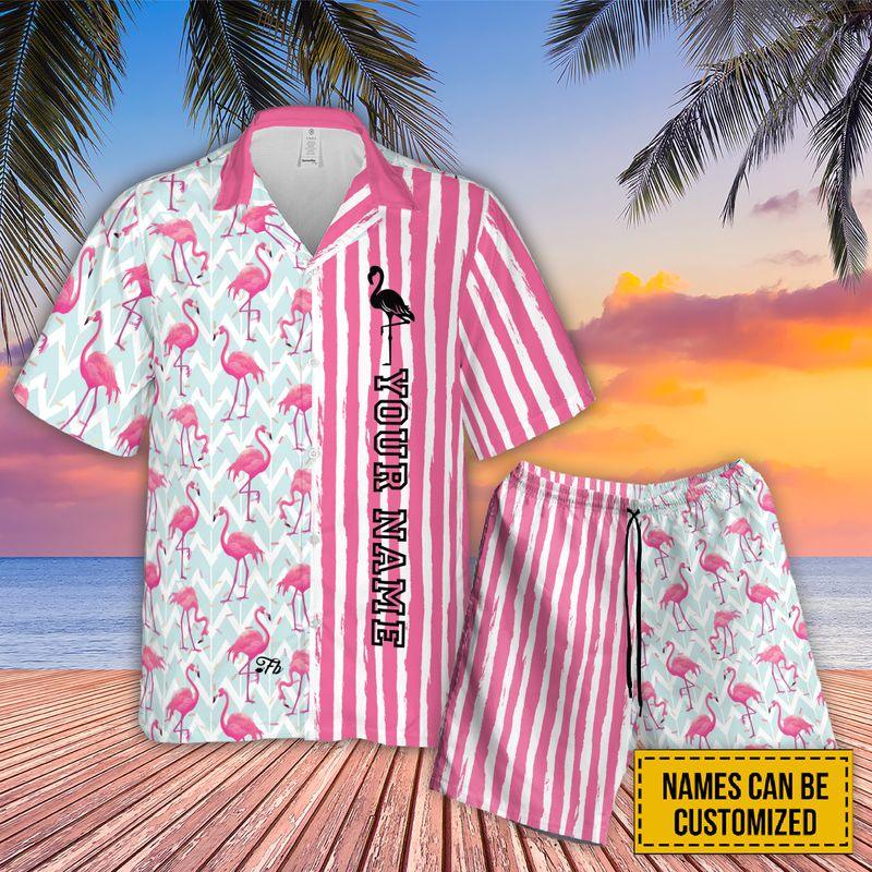 Flamingo Custom Name Aloha Hawaiian Shirts For Summer, Pink Plaid Personalized Hawaiian Set For Men Women, Gift For Friend, Family, Flamingo Lovers - Amzanimalsgift