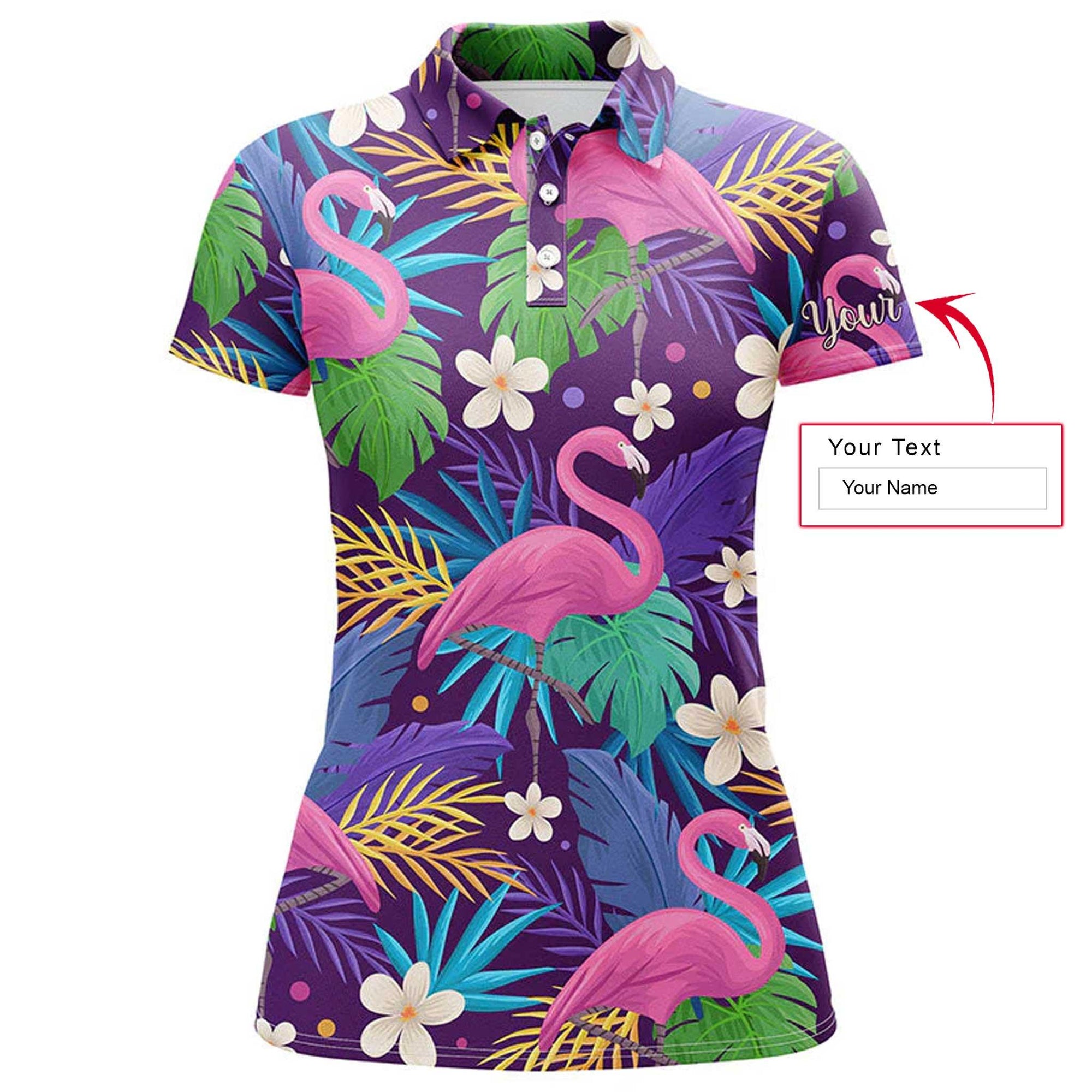 Flamingo Custom Name Women Polo Shirt, Colorful Floral Flamingo Pattern Tropical Leaves Personalized Women Polo Shirts, Best Gift For Flamingo Lovers - Amzanimalsgift