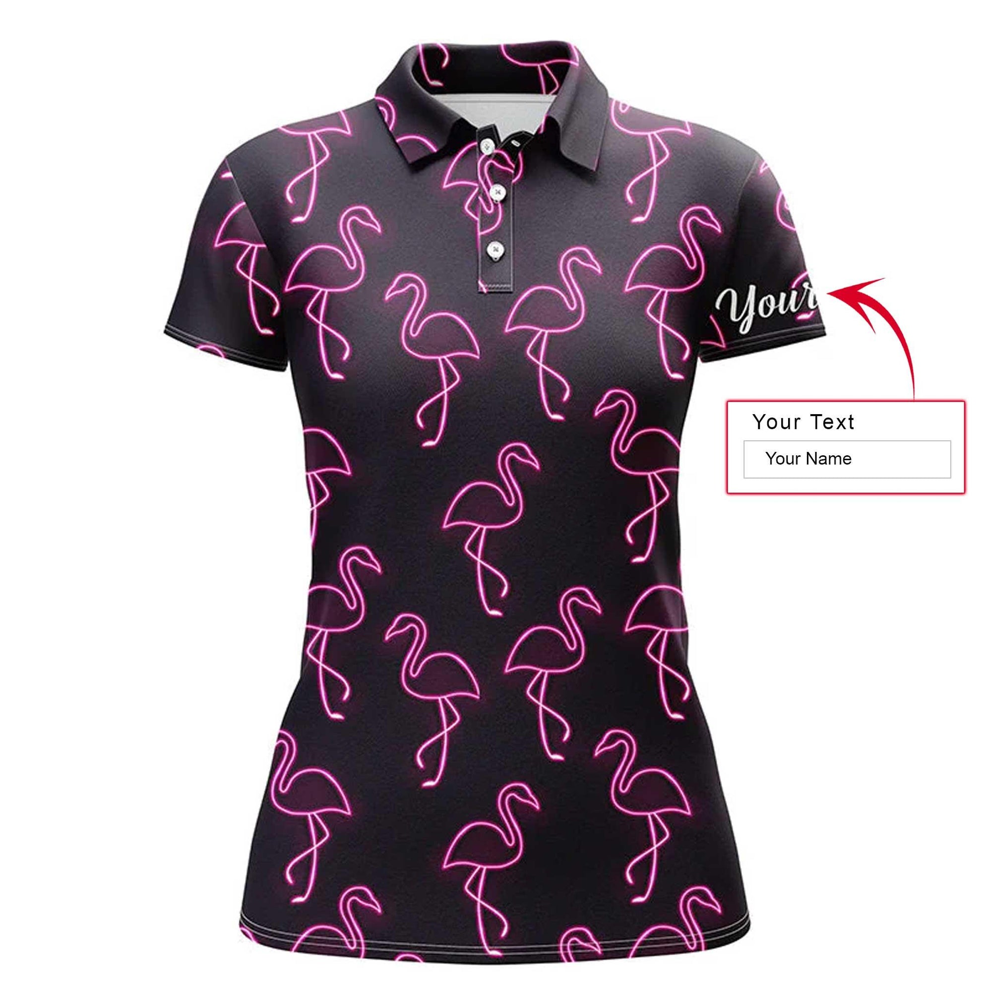 Flamingo Custom Name Women Polo Shirt, Neon Pink Flamingos Birds Pattern Personalized Women Polo Shirts, Best Gift For Female, Flamingo Lovers - Amzanimalsgift