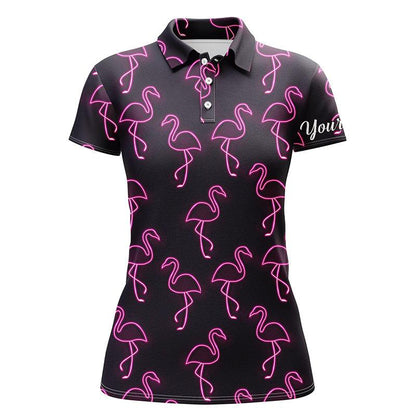 Flamingo Custom Name Women Polo Shirt, Neon Pink Flamingos Birds Pattern Personalized Women Polo Shirts, Best Gift For Female, Flamingo Lovers - Amzanimalsgift