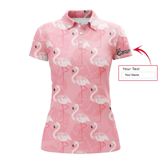 Flamingo Custom Name Women Polo Shirt, Pink Flamingo Pattern Personalized Women Polo Shirts, Perfect Gift For Ladies, Flamingo Lovers - Amzanimalsgift