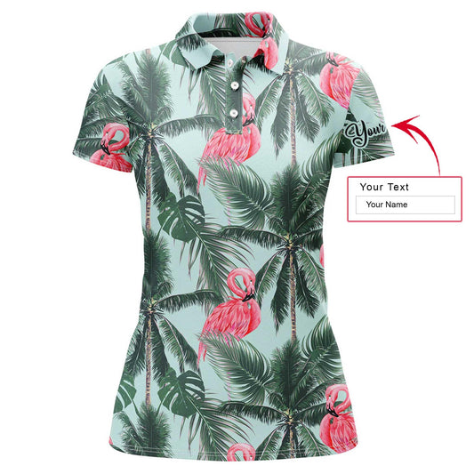 Flamingo Custom Name Women Polo Shirt, Pink Flamingos Tropical Palm Leaves Personalized Women Polo Shirts, Perfect Gift For Ladies, Women - Amzanimalsgift