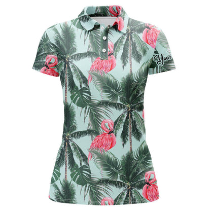 Flamingo Custom Name Women Polo Shirt, Pink Flamingos Tropical Palm Leaves Personalized Women Polo Shirts, Perfect Gift For Ladies, Women - Amzanimalsgift