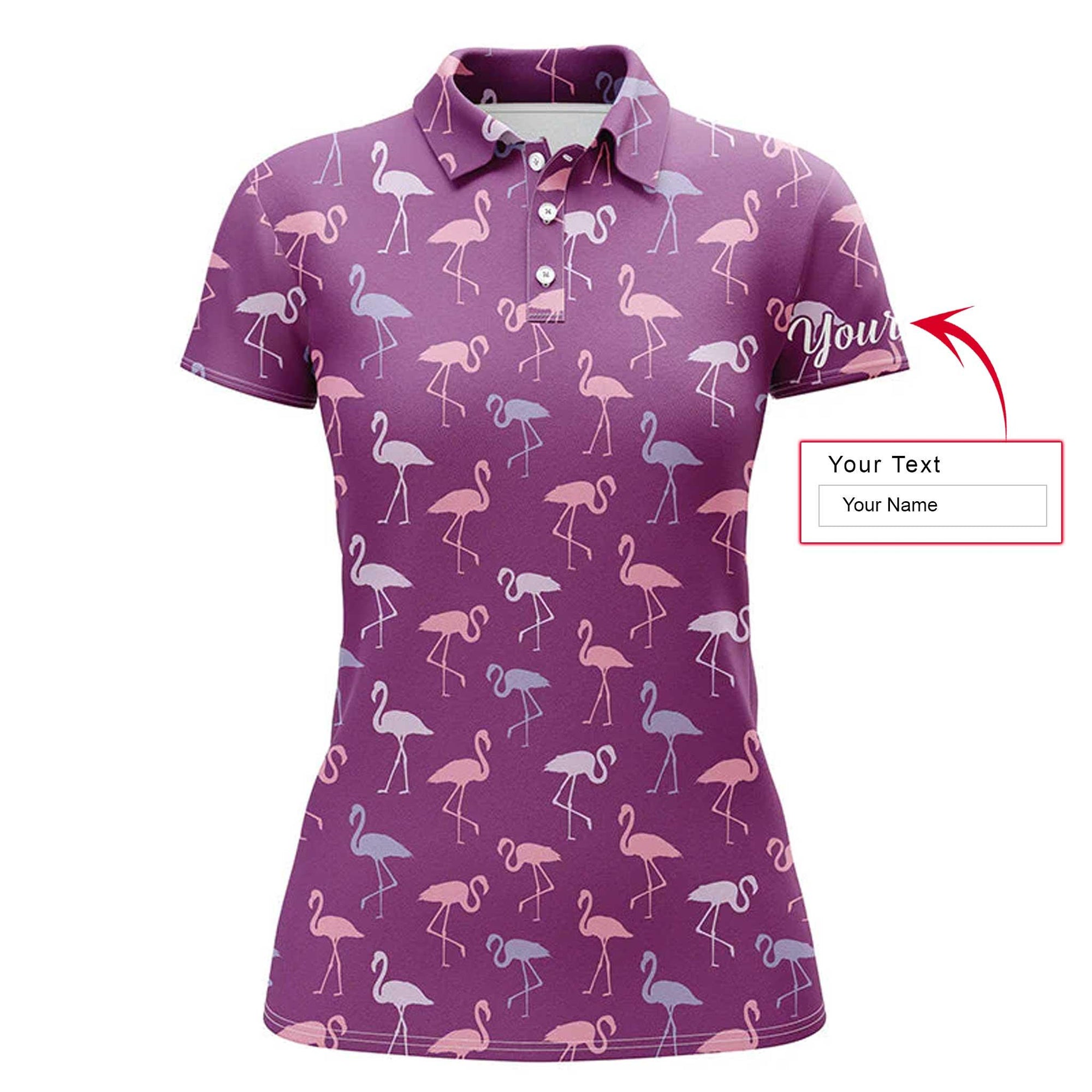 Flamingo Custom Name Women Polo Shirt, Purple Flamingo Birds Pattern Tropical Personalized Women Polo Shirts, Best Gift For Female, Flamingo Lovers - Amzanimalsgift