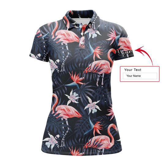 Flamingo Custom Name Women Polo Shirt, Tropical Birds Pink Flamingo Dark Blue Palm Leaves Personalized Women Polo Shirts, Gift For Ladies, Flamingo Lovers - Amzanimalsgift