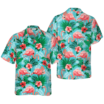 Flamingo Hawaiian Shirt, Tropical Flowers And Leaves Flamingo Aloha Shirt For Men - Perfect Gift For Men, Husband, Boyfriend, Friend, Family - Amzanimalsgift