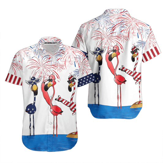 Flamingo On Beach American Flag Firework Aloha Hawaiian Shirts For Men Women, 4th Of July Gift For Summer, Friend, Family, Independence Day - Amzanimalsgift