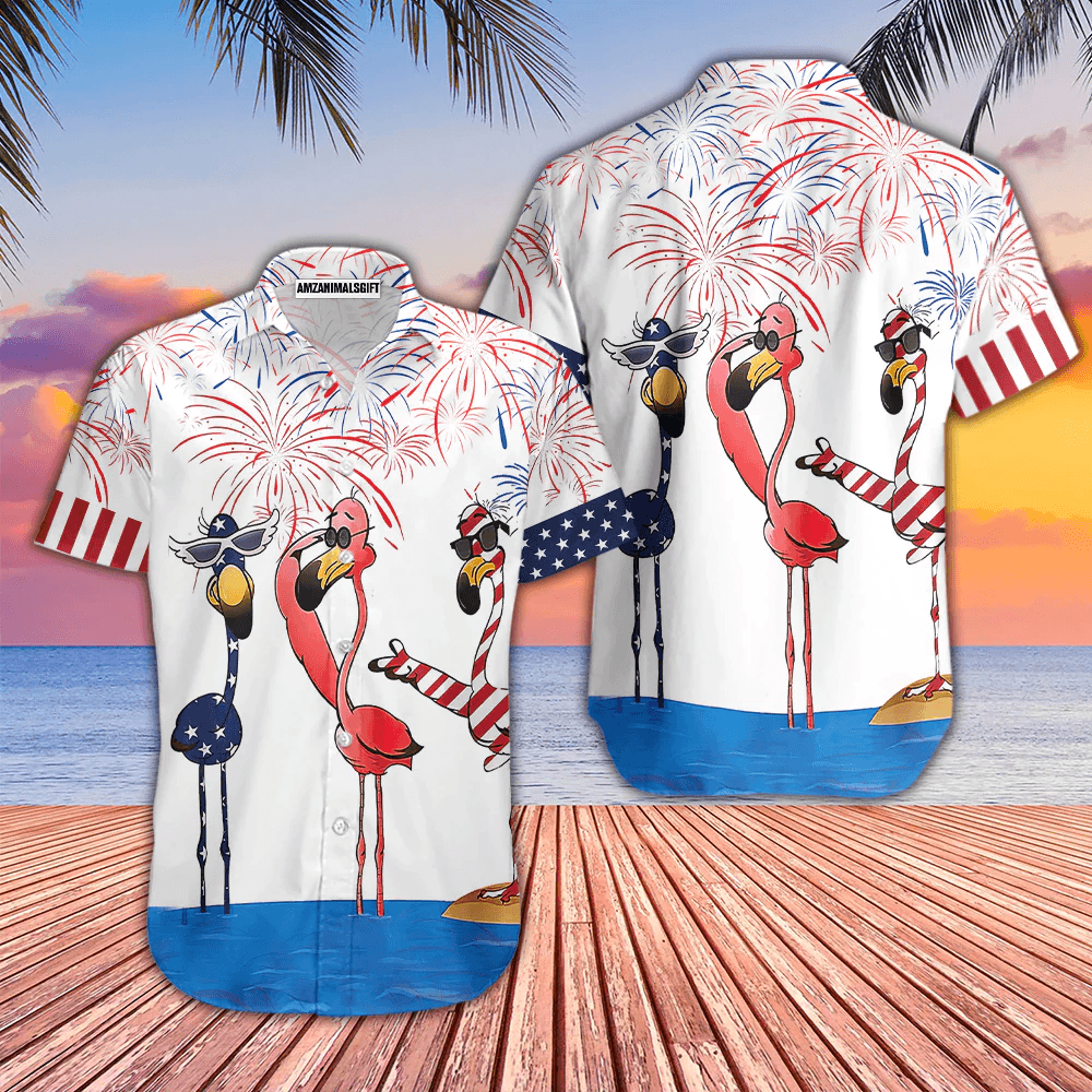 Flamingo On Beach American Flag Firework Aloha Hawaiian Shirts For Men Women, 4th Of July Gift For Summer, Friend, Family, Independence Day - Amzanimalsgift