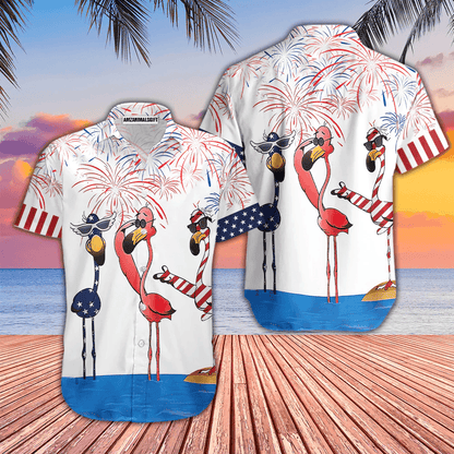 Flamingo On Beach American Flag Firework Aloha Hawaiian Shirts For Men Women, 4th Of July Gift For Summer, Friend, Family, Independence Day - Amzanimalsgift