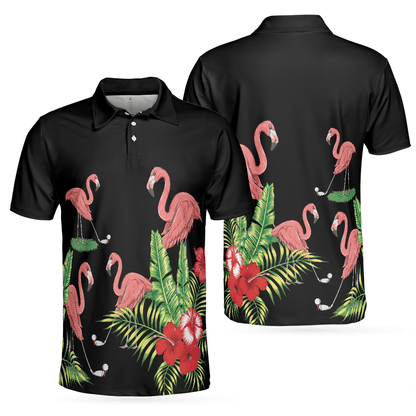 Flamingo Playing Golf And Tropical Pattern Polo Shirt, Pink Flamingo Short Sleeve Polo Shirt For Golfers - Amzanimalsgift