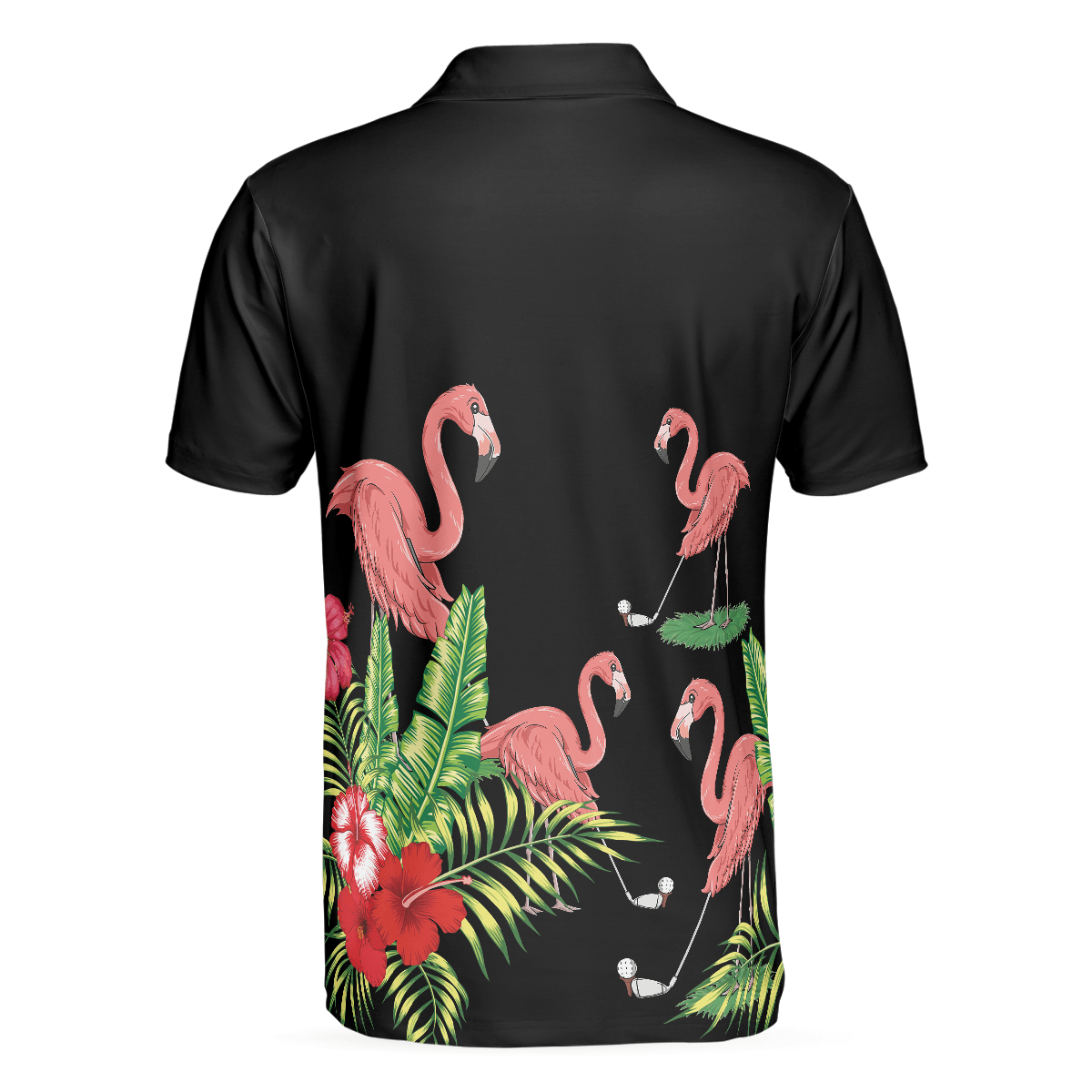 Flamingo Playing Golf And Tropical Pattern Polo Shirt, Pink Flamingo Short Sleeve Polo Shirt For Golfers - Amzanimalsgift