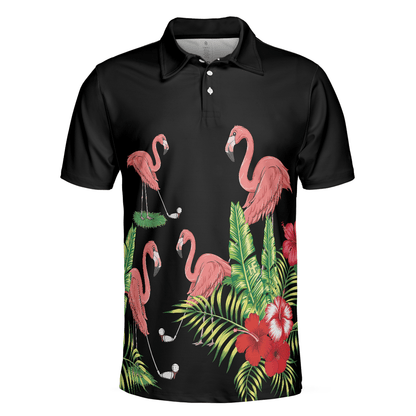 Flamingo Playing Golf And Tropical Pattern Polo Shirt, Pink Flamingo Short Sleeve Polo Shirt For Golfers - Amzanimalsgift