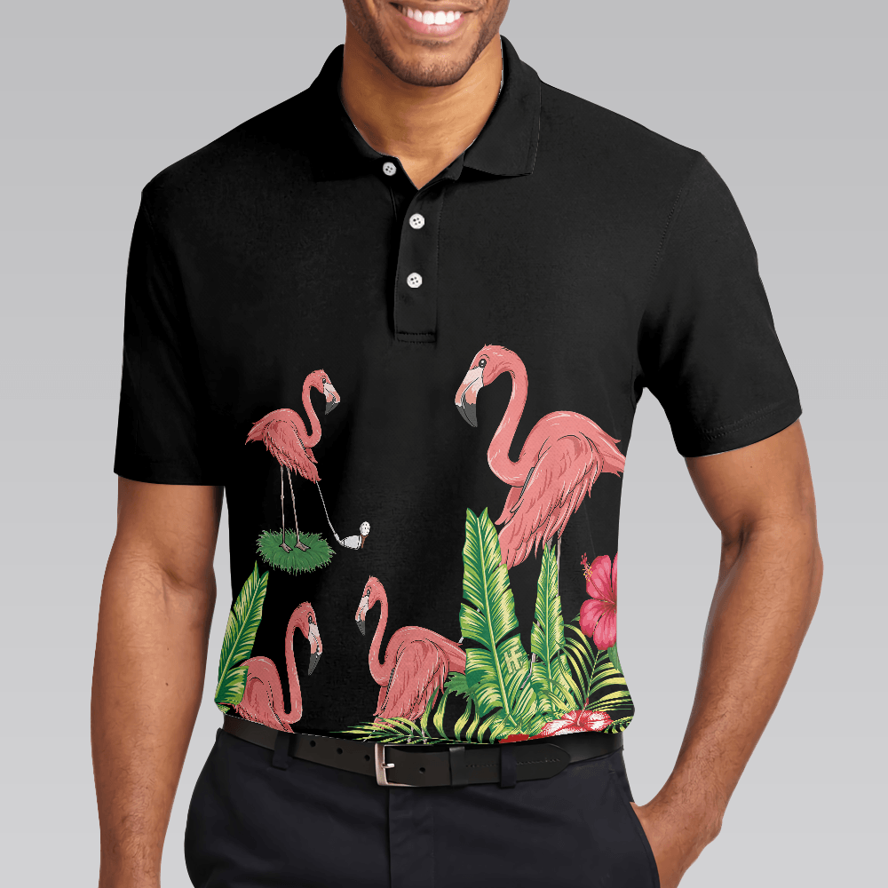 Flamingo Playing Golf And Tropical Pattern Polo Shirt, Pink Flamingo Short Sleeve Polo Shirt For Golfers - Amzanimalsgift